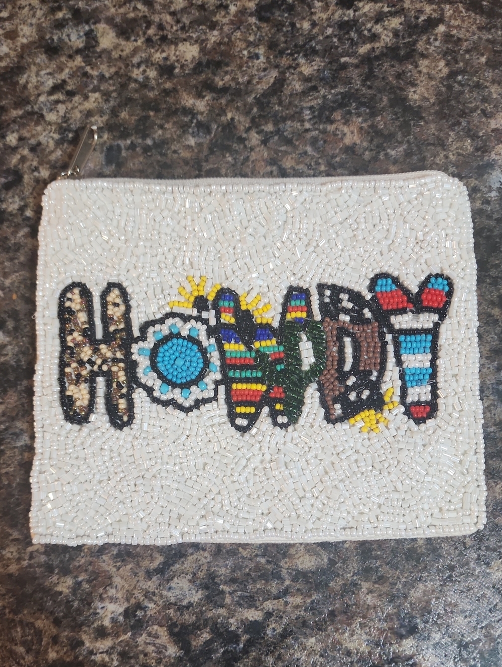 Beaded 'Howdy' Zip Pouch in White and Multicolor